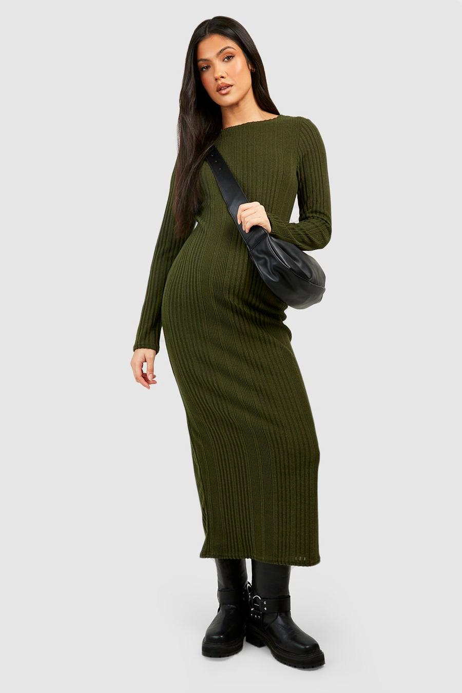 Khaki Maternity Soft Rib Knitted Midi Dress