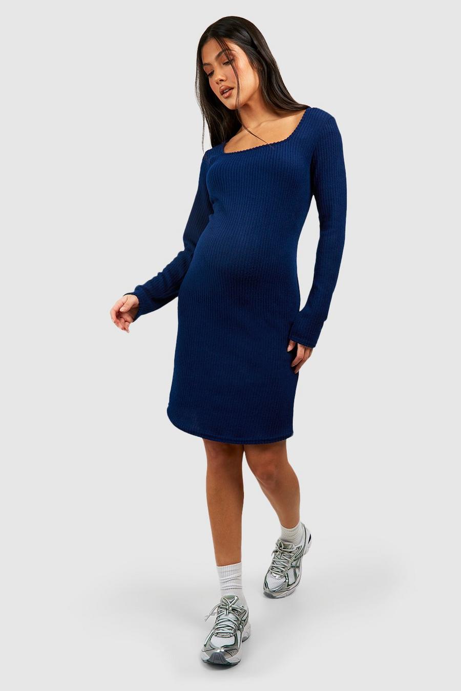 Navy Maternity Soft Rib Knitted Square Neck Dress