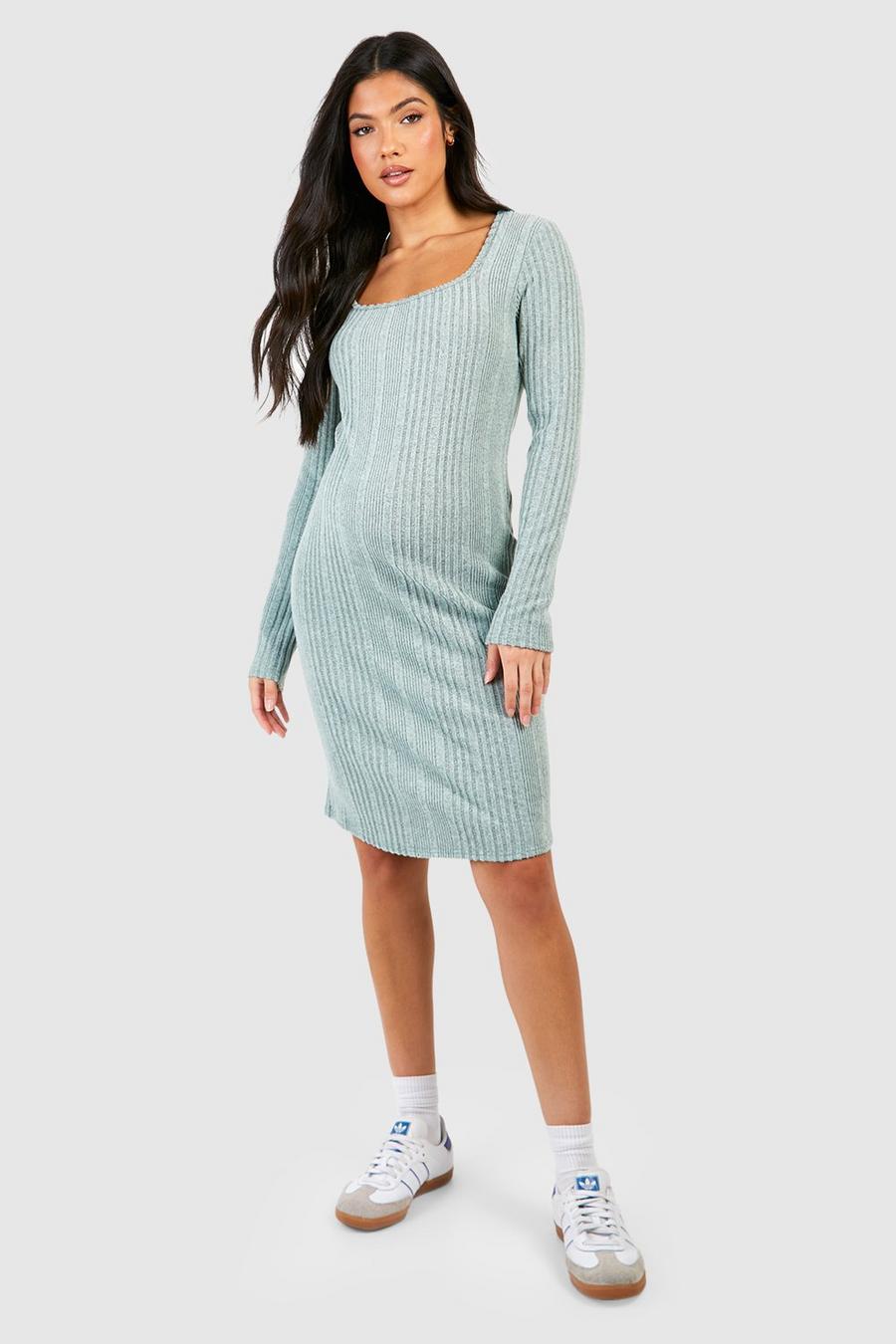 Sage Maternity Soft Rib Knitted Square Neck Dress