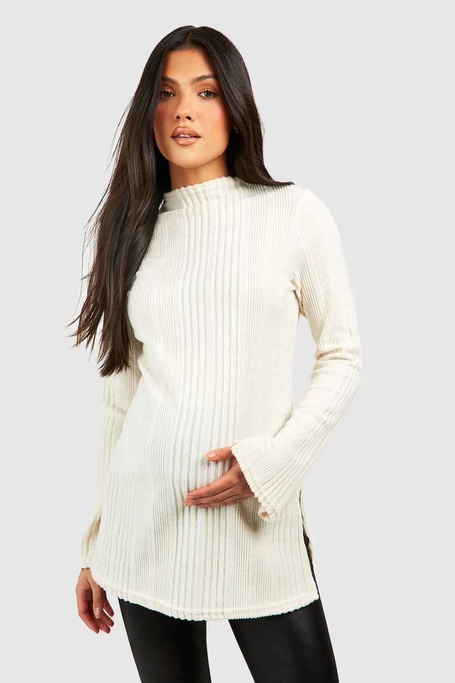 Cream Maternity Soft Rib Side Split High Neck Sweater