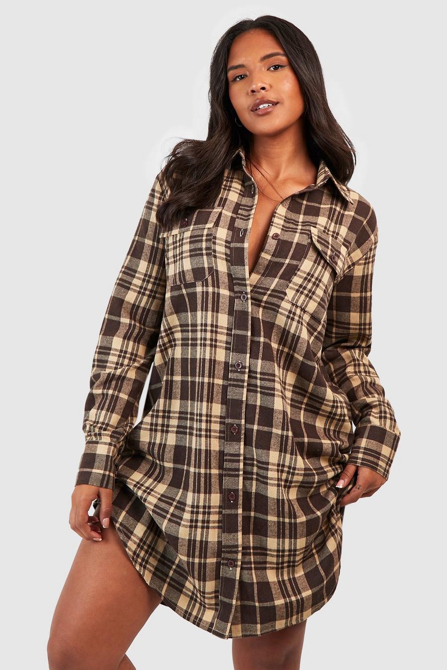 Grande taille - Robe chemise à carreaux en maille brossée, Brown