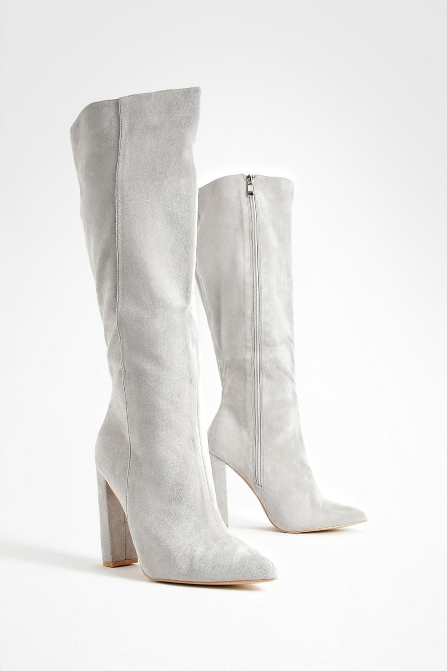 Light grey Wide Fit Pointed Knee High Heeled Boots 