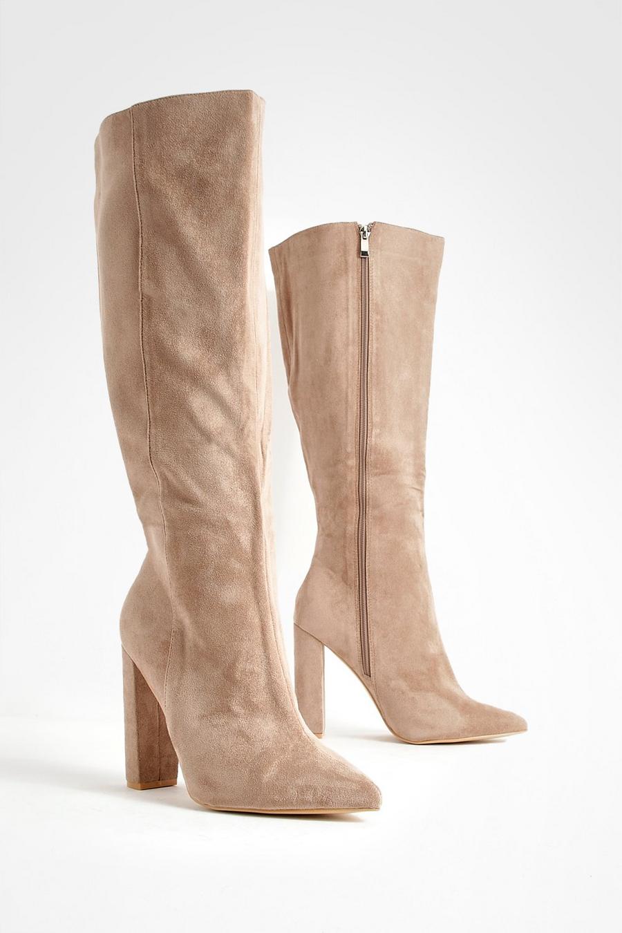 Mocha Wide Fit Pointed Knee High Heeled Boots 