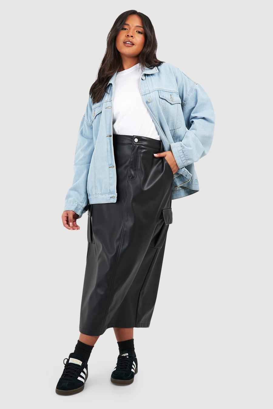 Black Plus Faux Leather Cargo Midi Skirt