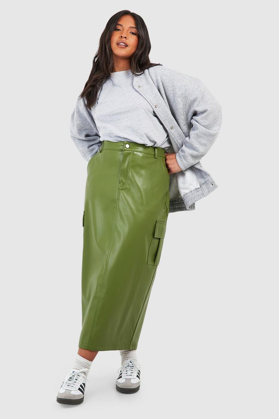 Khaki Plus Faux Leather Cargo Midi Skirt