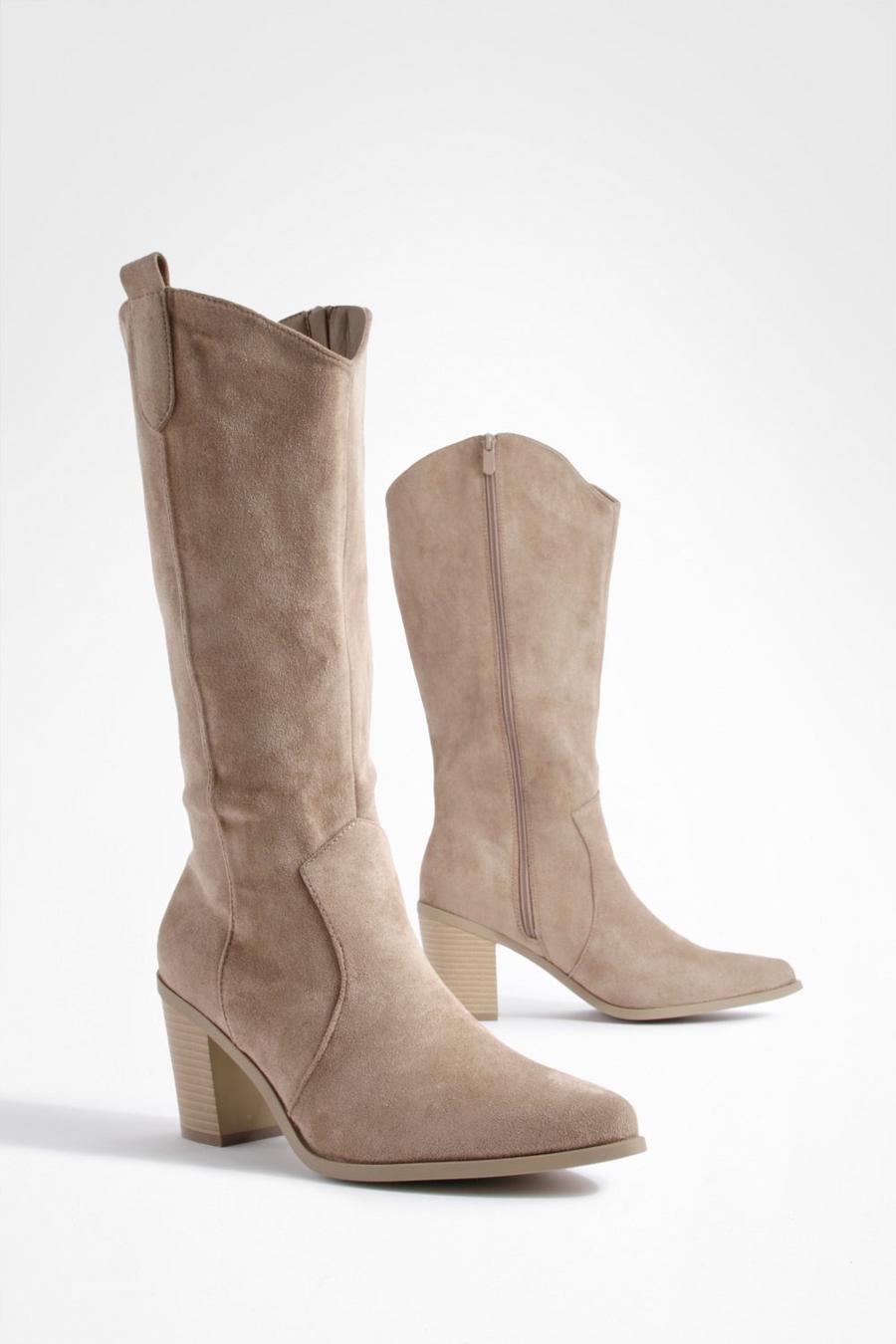 Taupe Tab Detail Knee High Western Cowboy Boots 