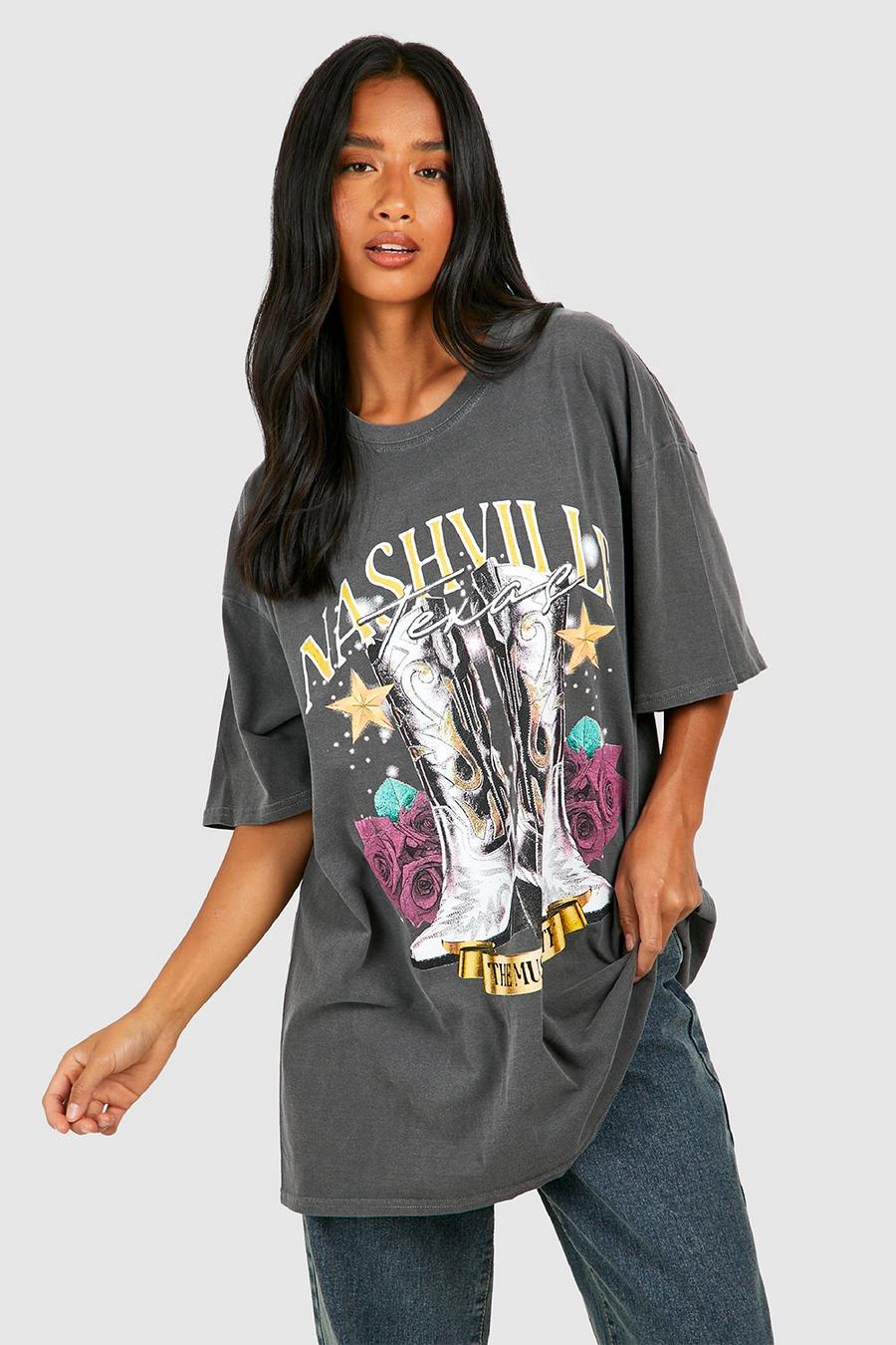 Charcoal Petite Nashville Oversized Washed T Shirt  image number 1