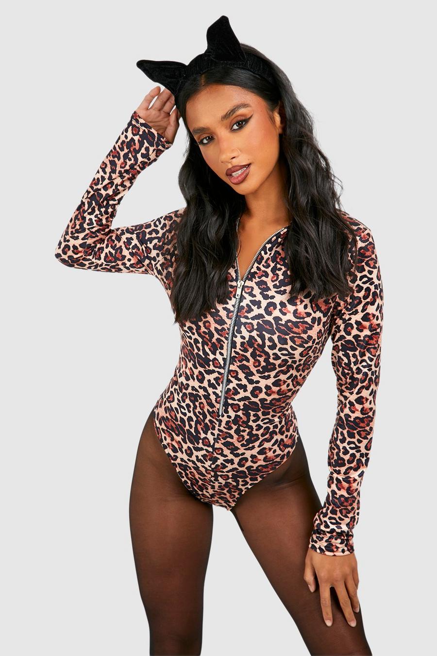 Brown Petite Zip Through Leopard Print Bodysuit