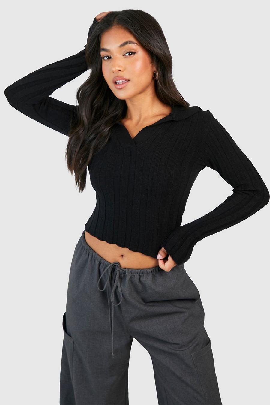 Black Petite Ribbed Knitted Collared Jumper