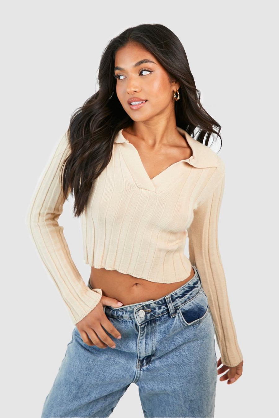 Stone Petite Ribbed Knitted Collared Sweater