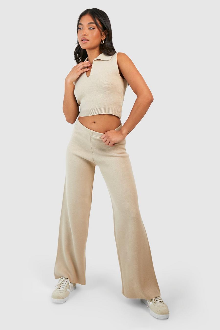 Stone Petite Knitted Wide Leg Trouser