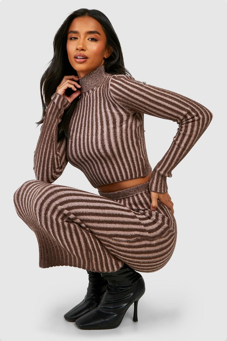 Brown Petite Two Tone Knitted Cropped Sweater
