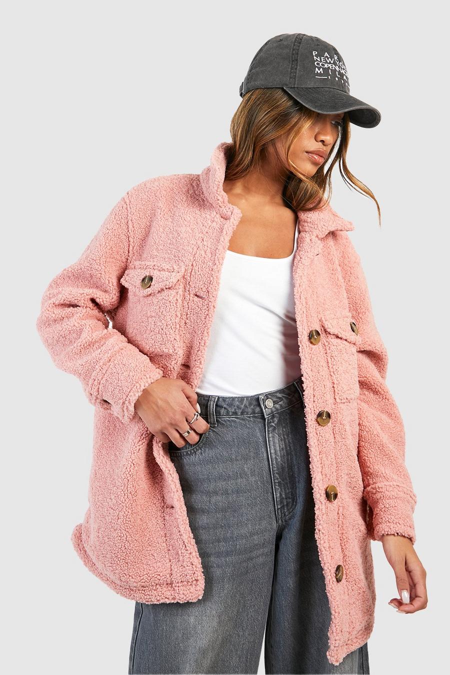 Camisa chaqueta de pelo sintético con botones, Pink