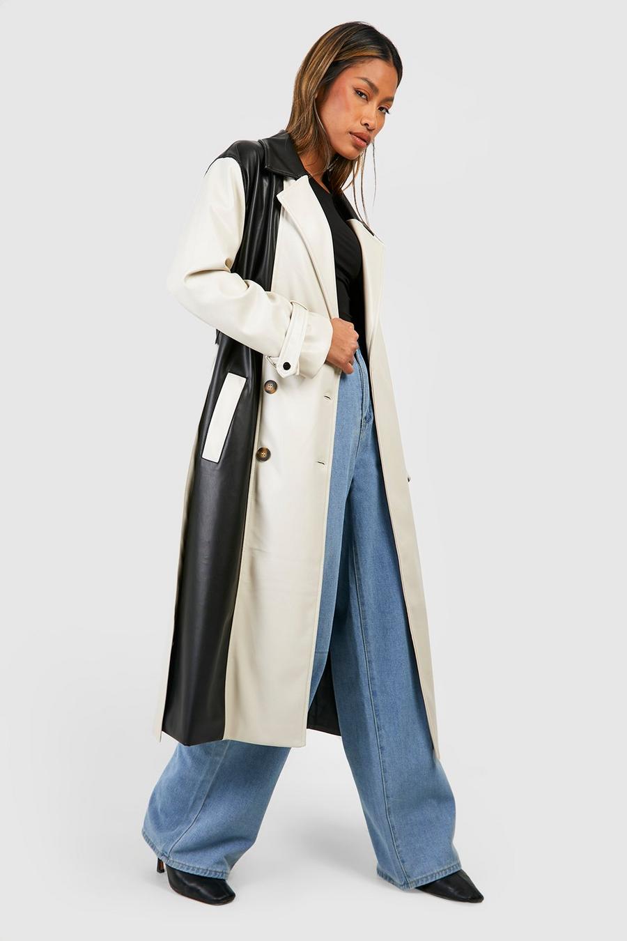 Black Color Block Faux Leather Trench Coat