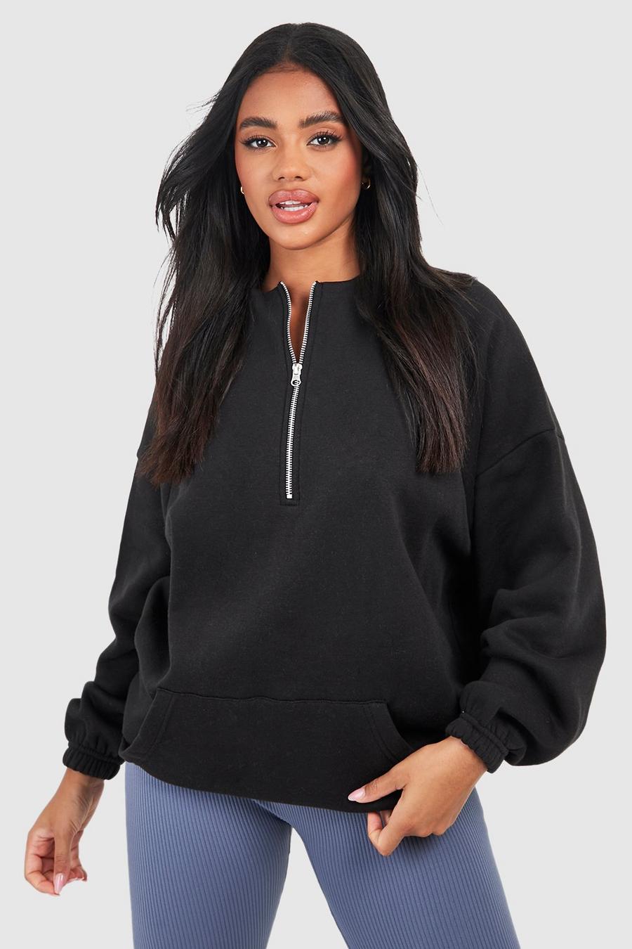 Black Seam Detail Half Zip Oversized Sweatshirt