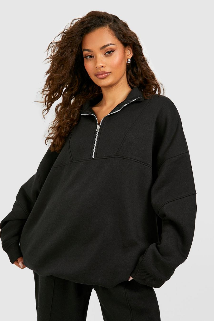 Black Oversize sweatshirt med kort dragkedja och dekorativ söm