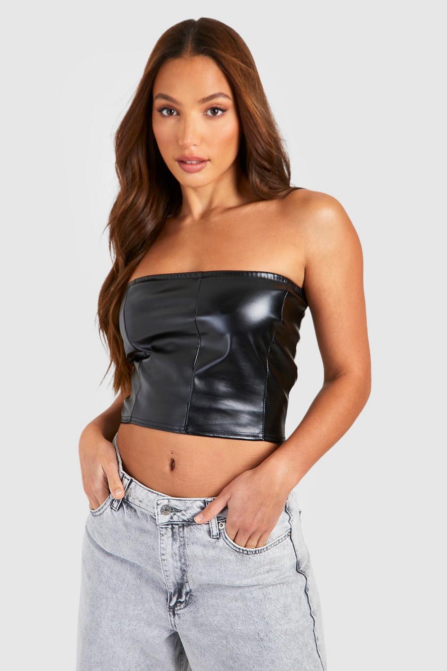 Black Tall Faux Leather Seamed Bandeau Corset Top