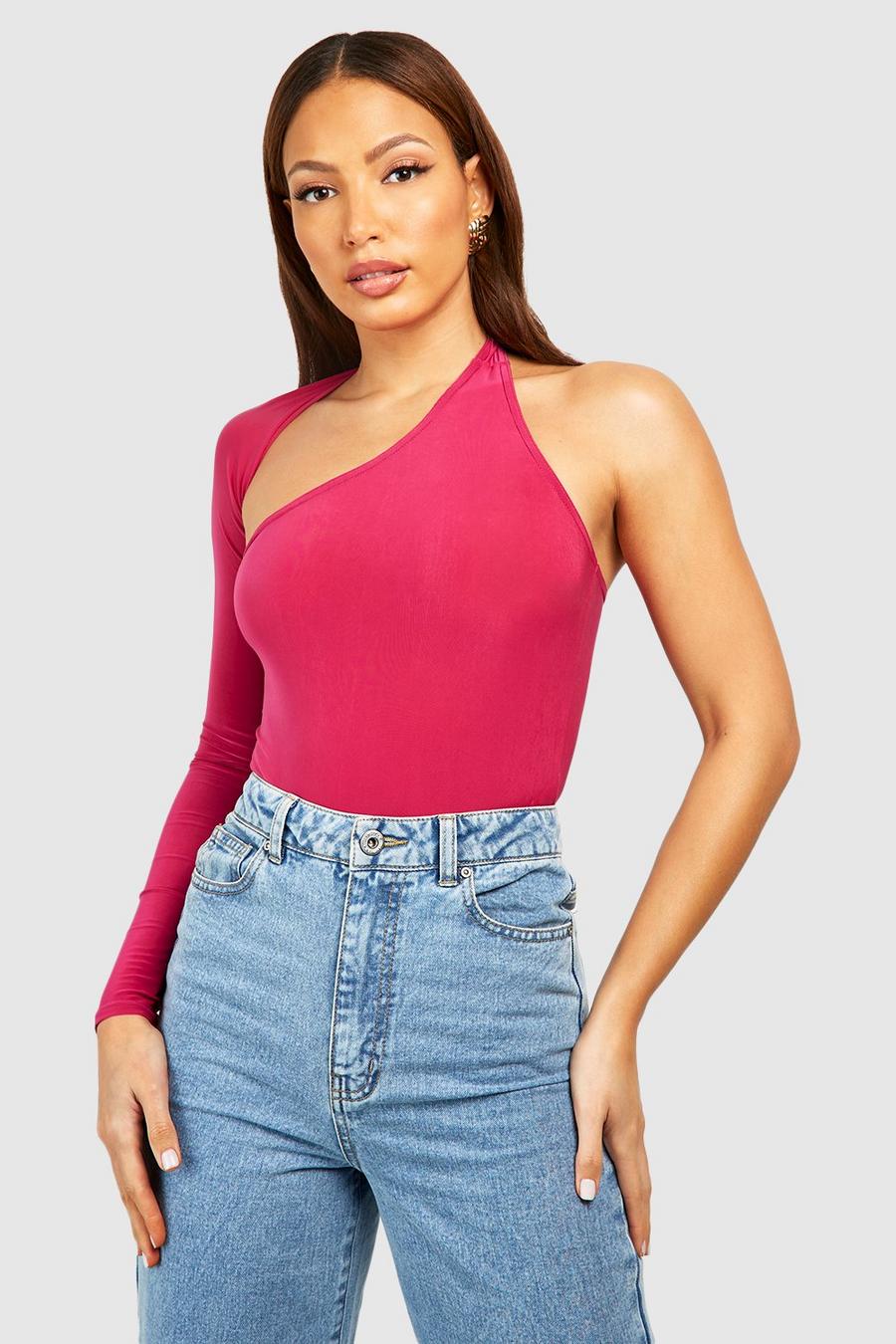 Hot pink Tall Zachte Premium Asymmetrische Bodysuit