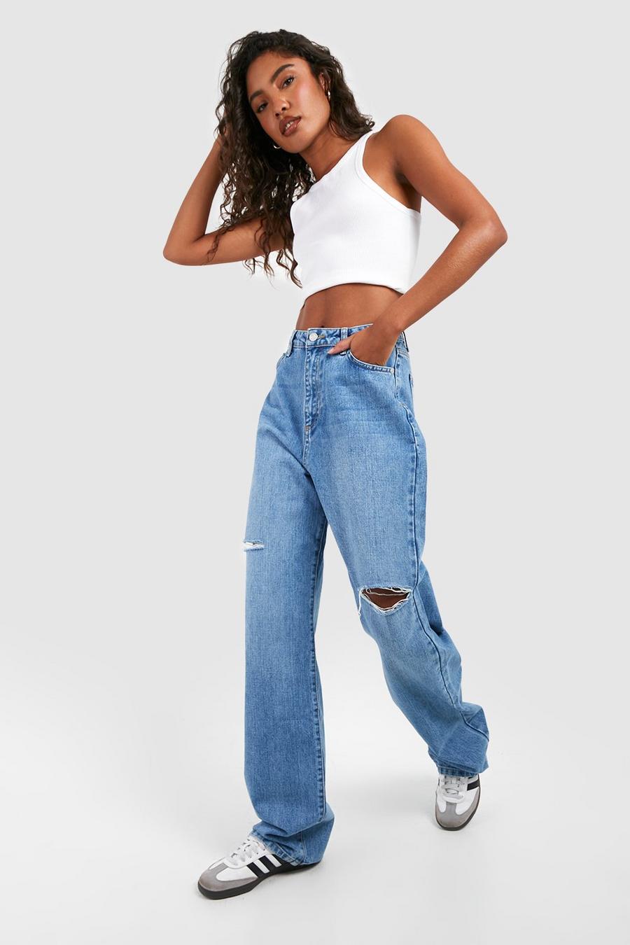 Tall Stonewash Mid Rise Rip Thigh Baggy Boyfriend Jeans image number 1