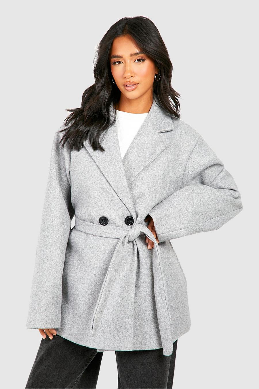 Cappotto Petite effetto lana con cintura, Light grey