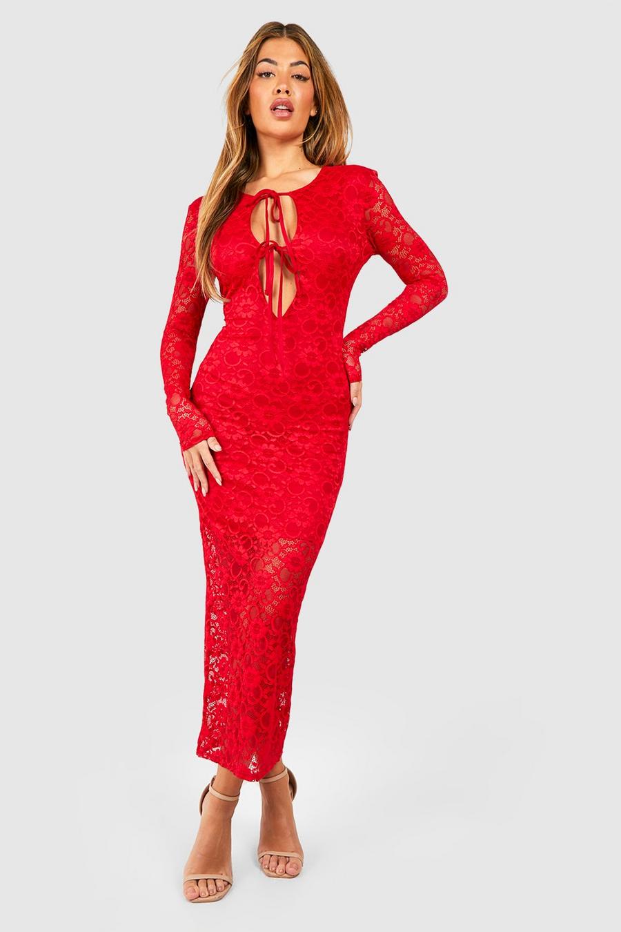 Red Lace Tie Front Maxi Dress image number 1