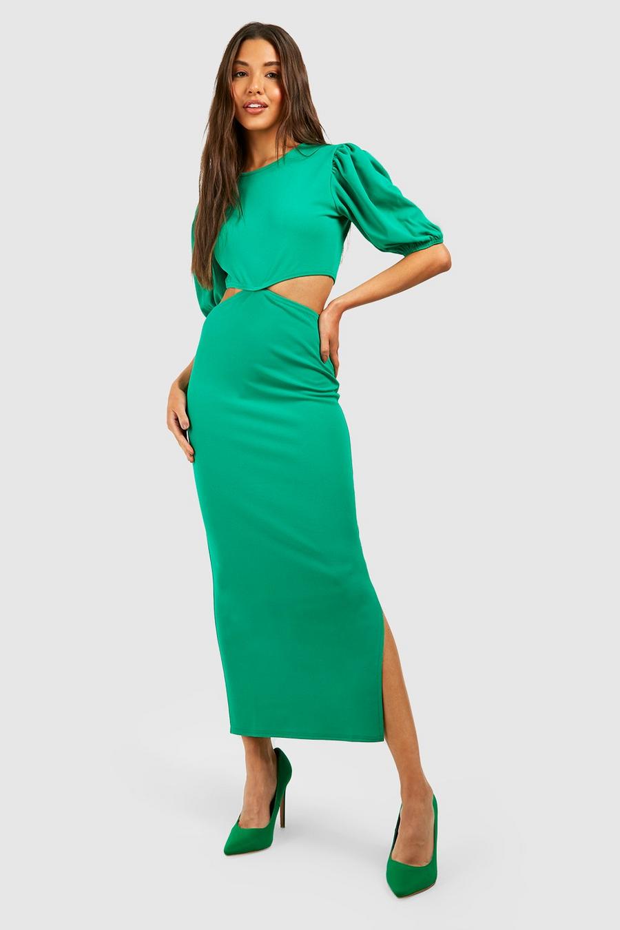 Emerald Puff Sleeve Cut Out Midi Dress