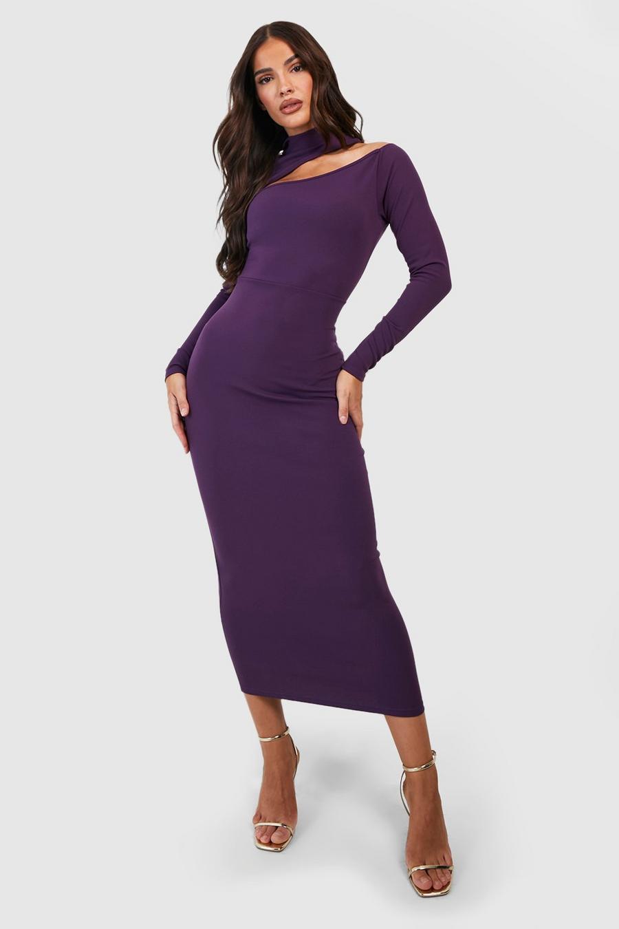 Purple Turtleneck Cut Out Midi Dress