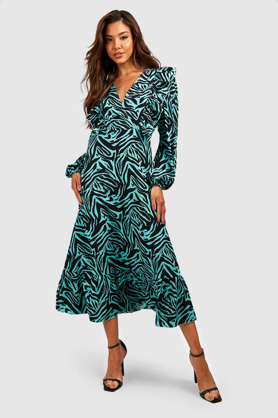 Green Animal Print Ruffle Midaxi Smock Dress