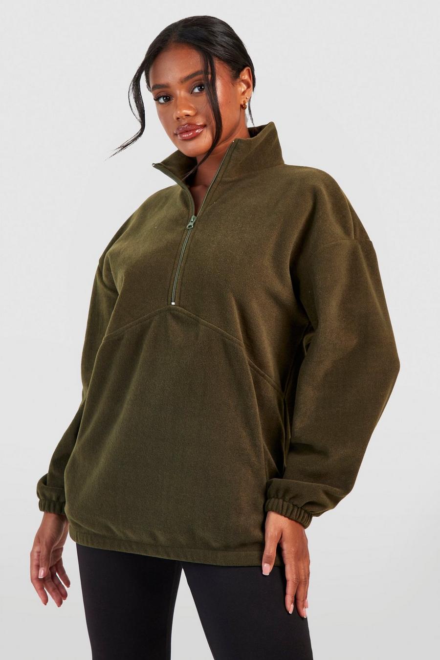 Khaki Oversize sweatshirt i polarfleece med kort dragkedja
