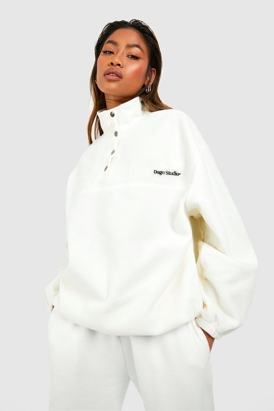 Cream Polar Fleece Pocket Detail Half Zip Oversized Sweatshirt image number 1