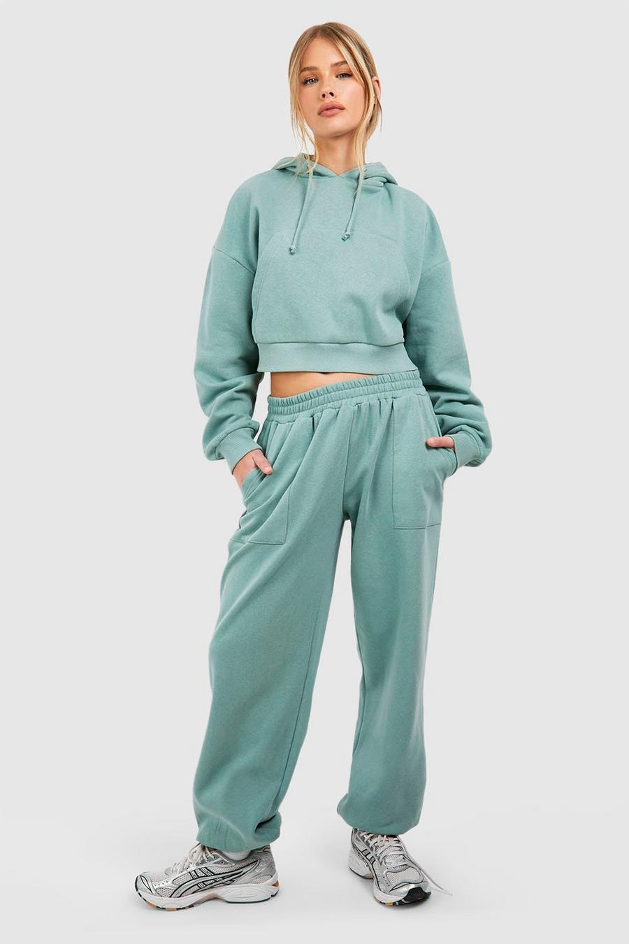 Sage Cropped Kangaroo Pocket Hooded Tracksuit