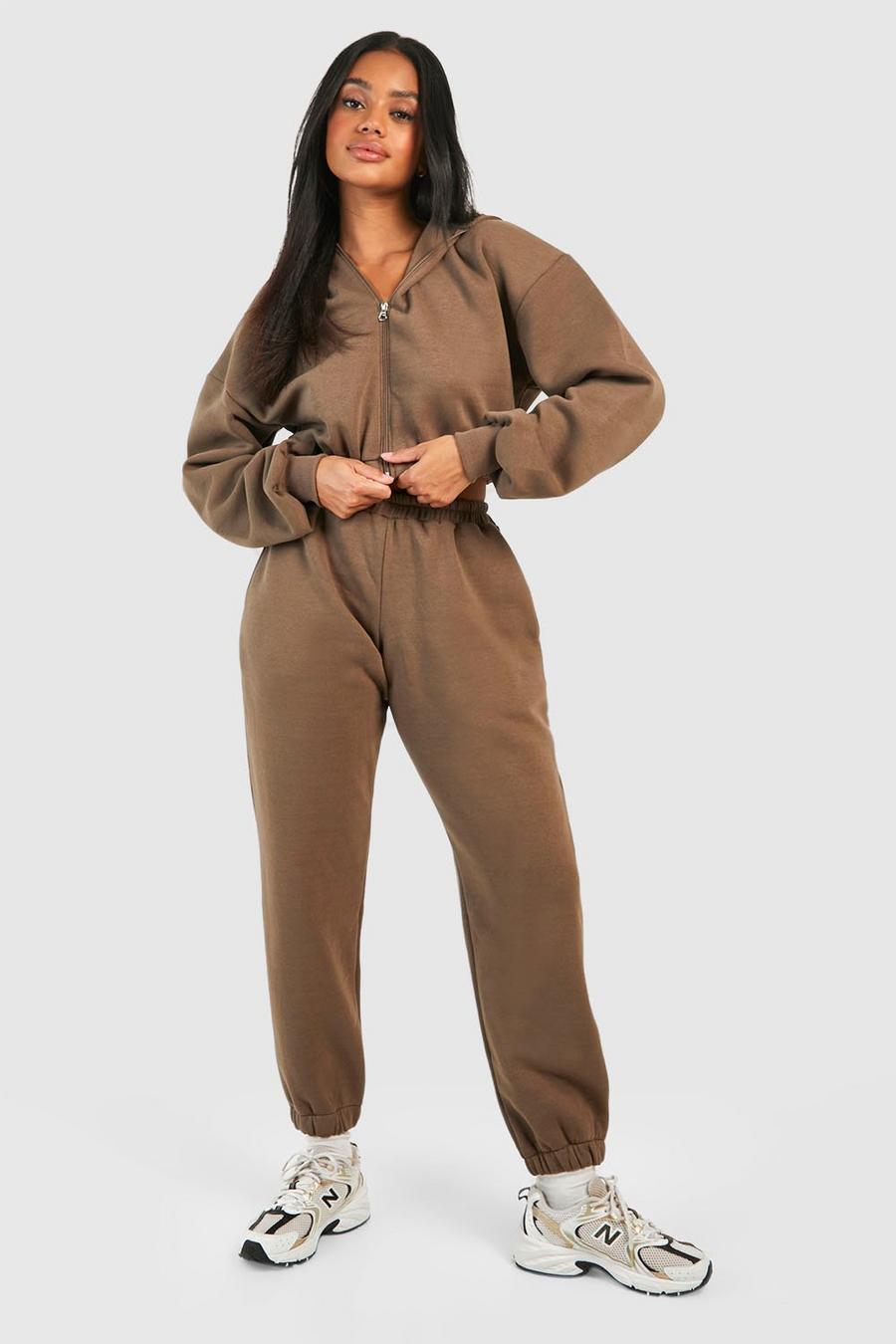 Mocha Cropped Zip Through Hooded Tracksuit