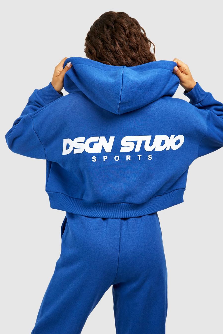 Felpa corta squadrata Dsgn Studio Sports con zip e cappuccio, Cobalt