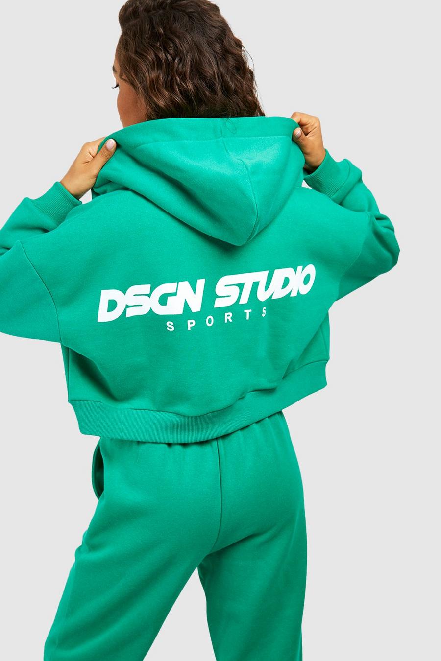 Felpa corta squadrata Dsgn Studio Sports con zip e cappuccio, Green