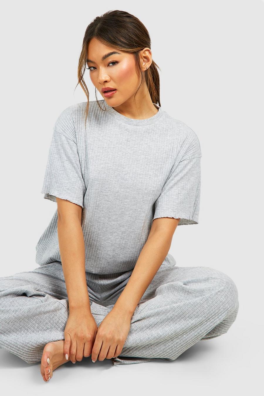 Camiseta oversize de canalé con filo ondulado, Grey