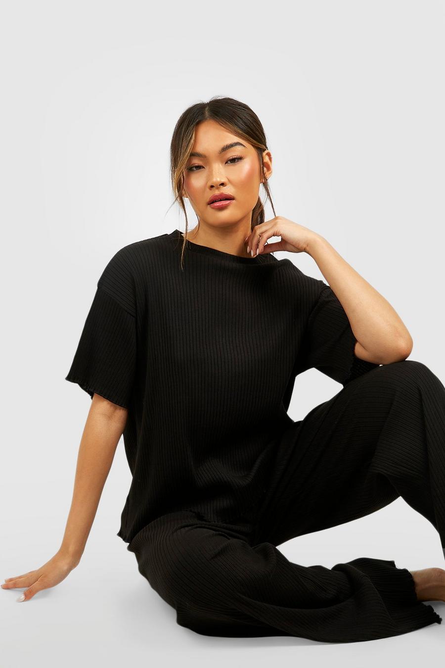 Black Rib Oversized Lettuce Hem Tshirt  