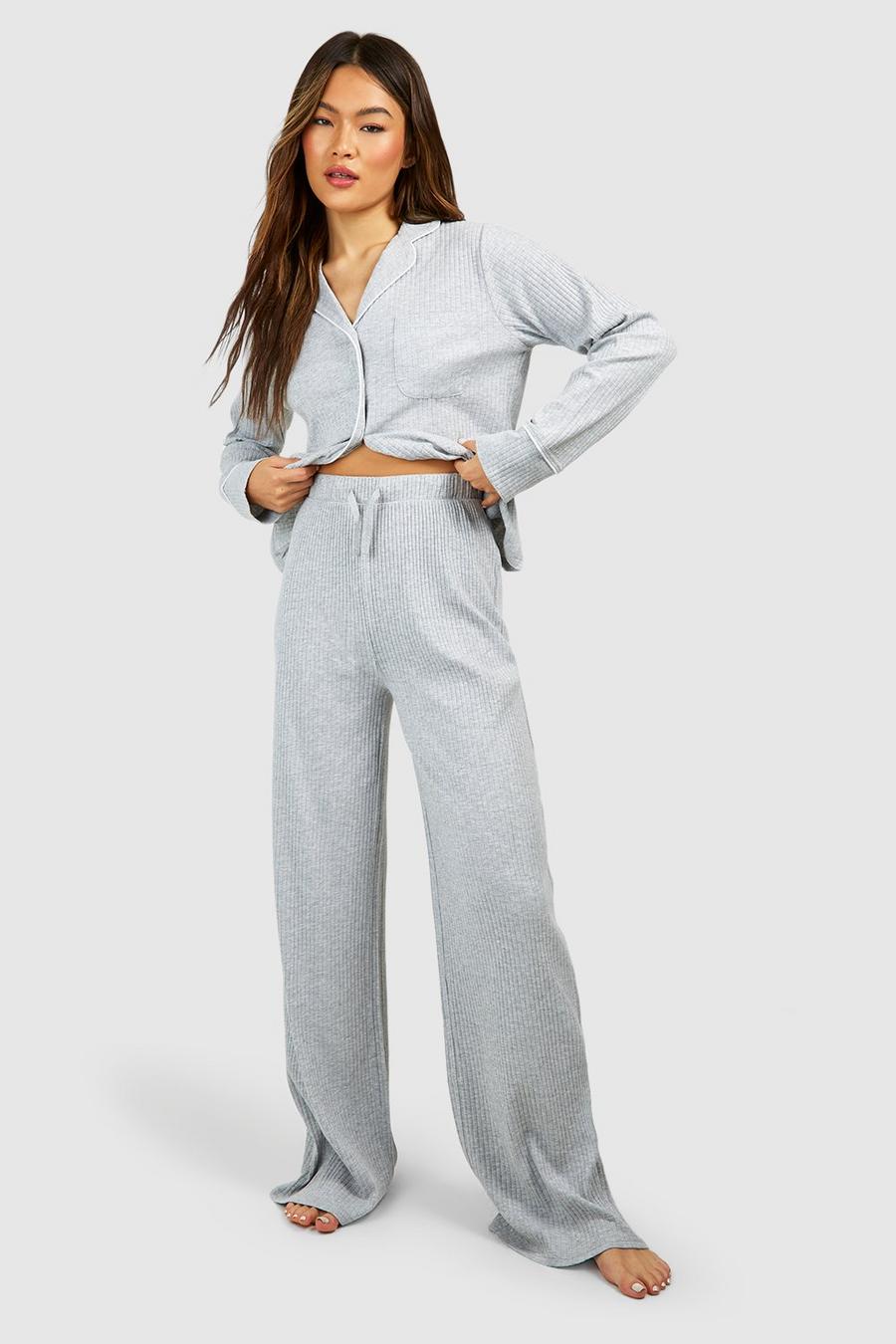 Gerippte Loungewear-Hose mit Bindegürtel, Grey marl