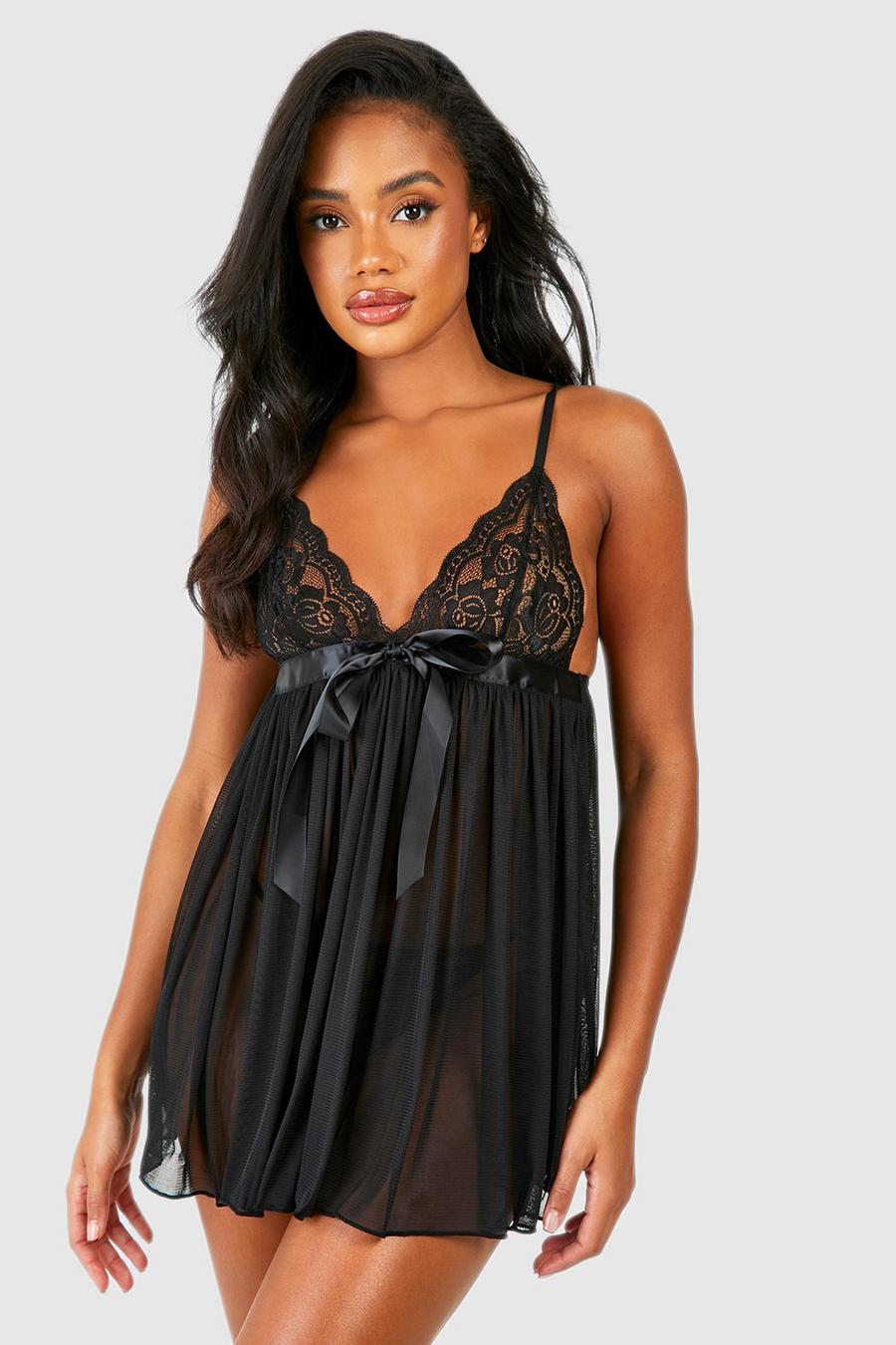 Black Lace Bow Detail Baby Doll