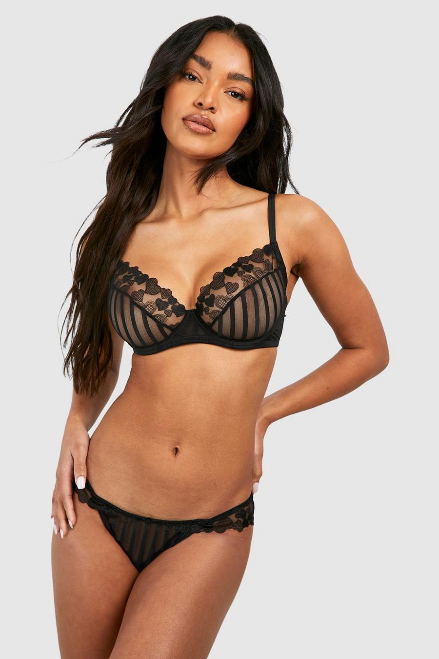 Black Striped And Heart Mesh Detail Brief