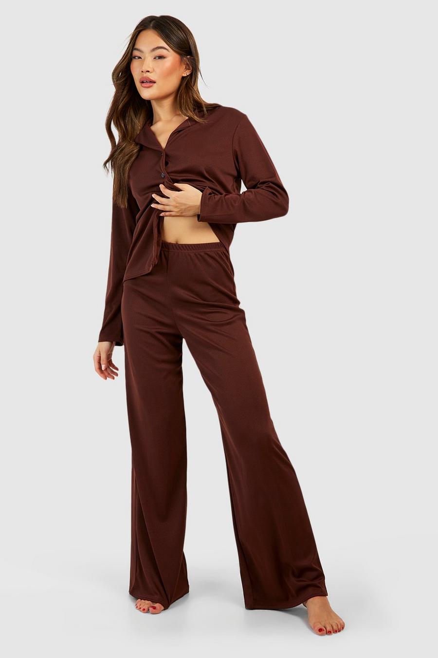 Gerippte Jersey Pyjama-Hose mit weitem Bein, Chocolate