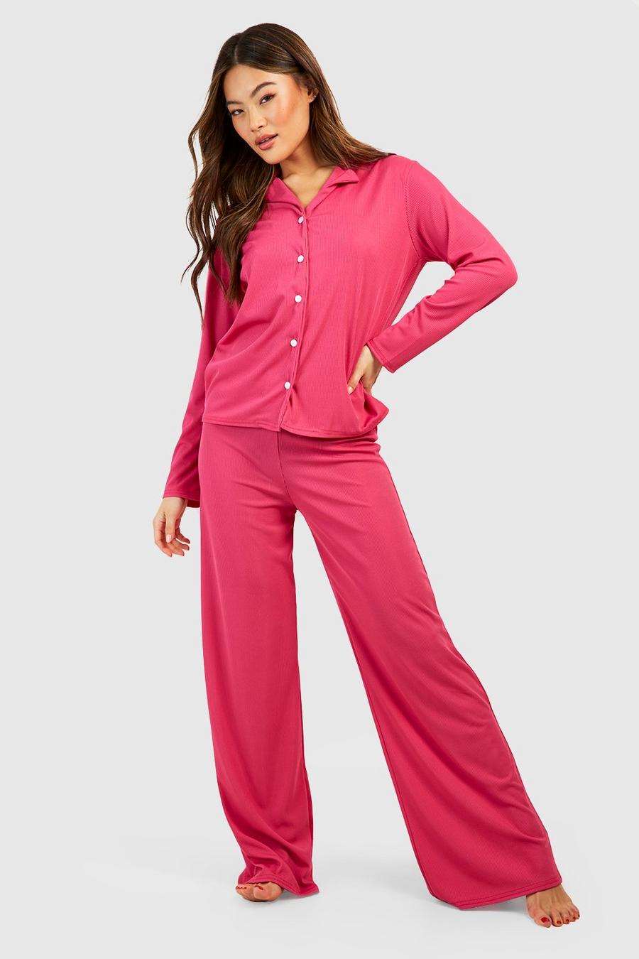 Pantaloni pigiama a gamba ampia in jersey a coste, Pink