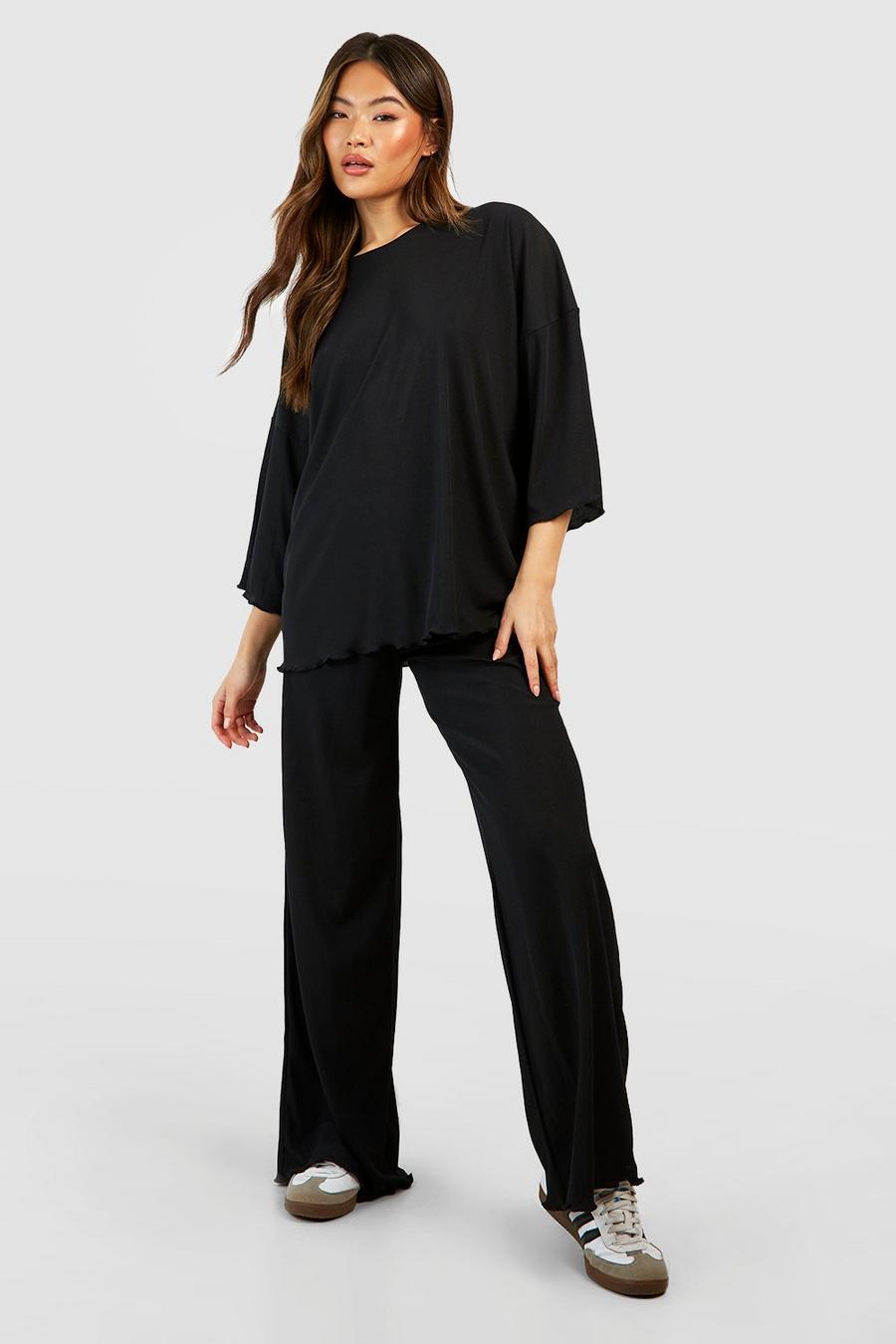 T-shirt oversize in jersey a coste con spalle scese, Black