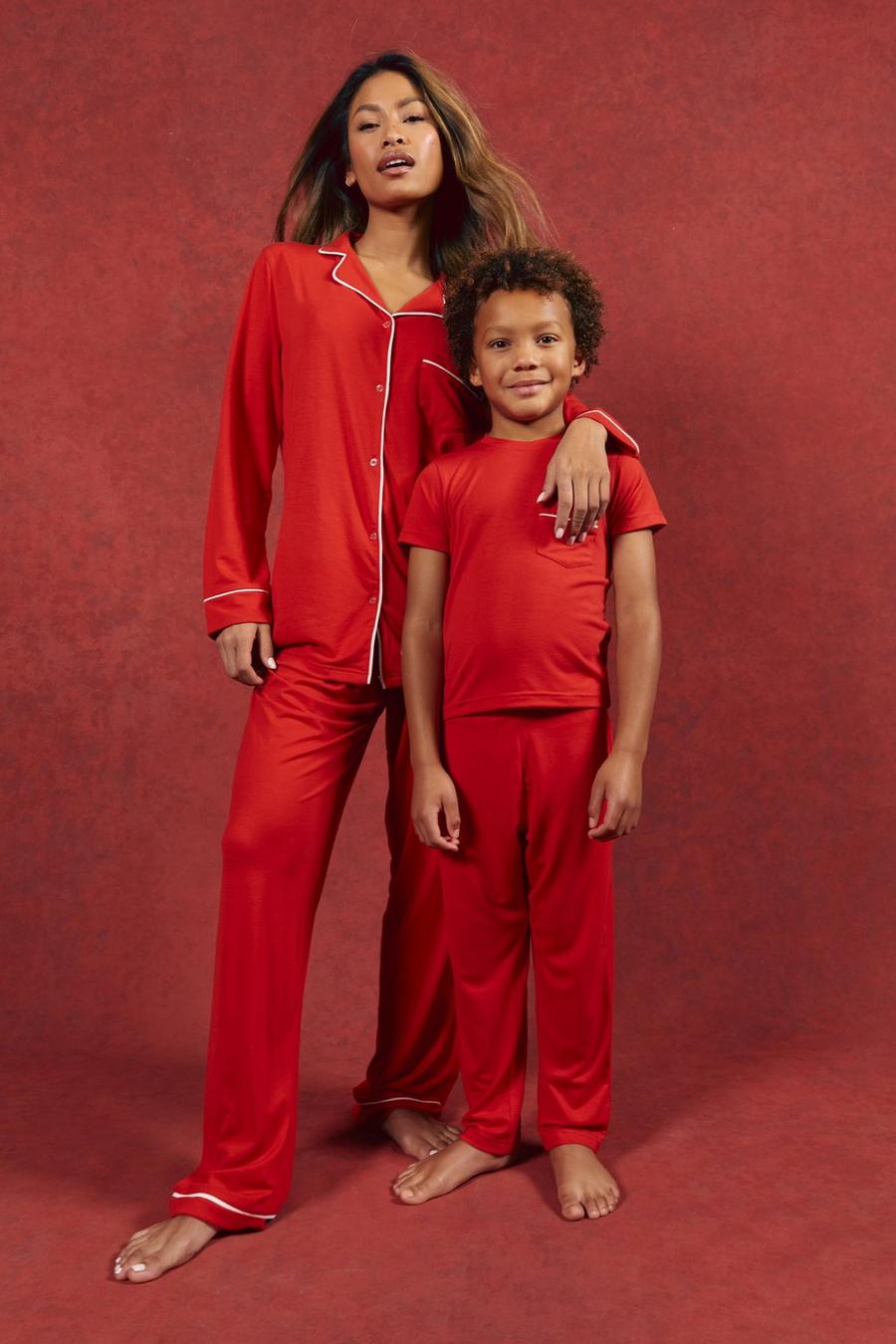 Damen passendes Familien Pyjama-Set mit Knopfleiste, Red