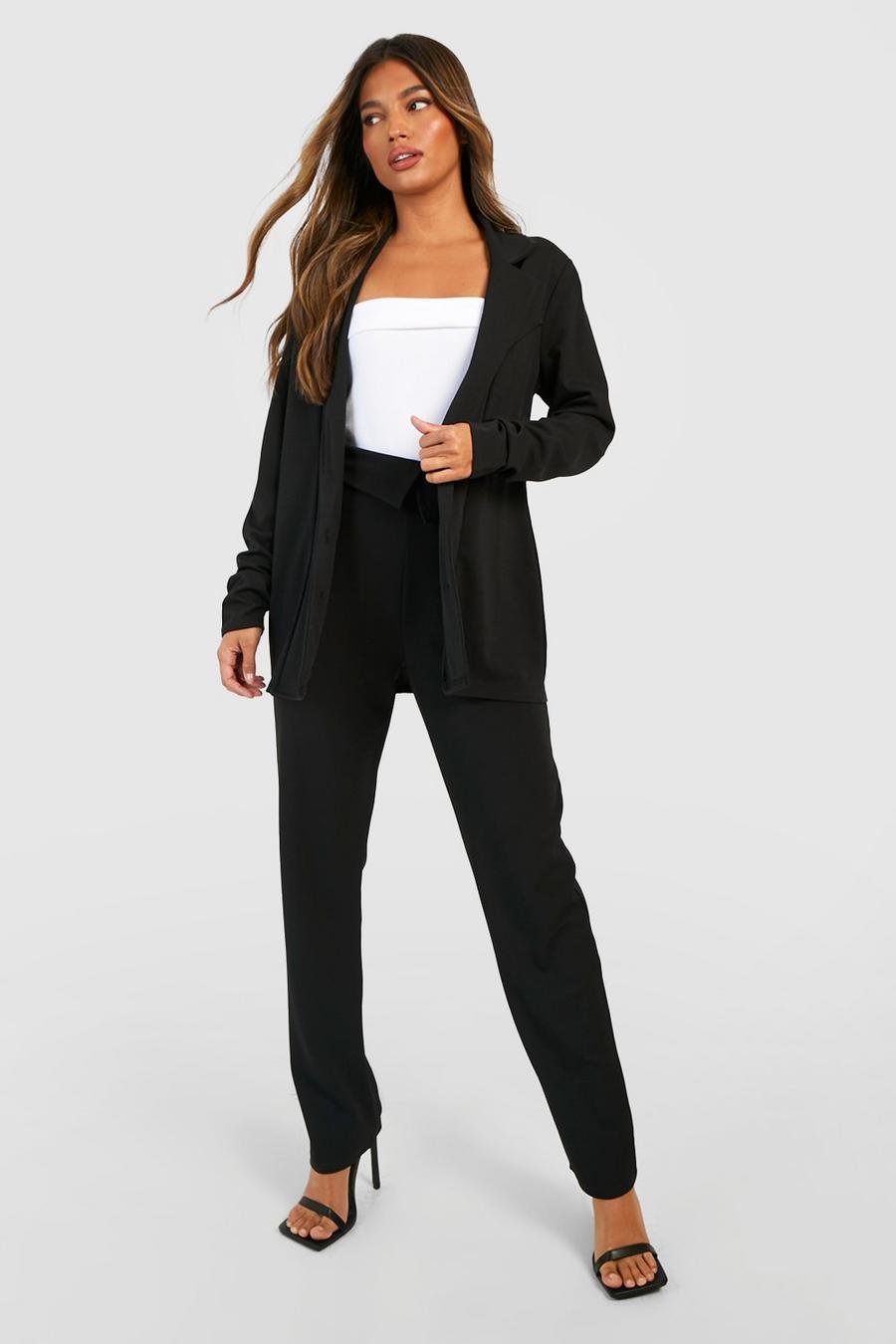 Black Crepe Fold Over Waist Slim Fit Trousers