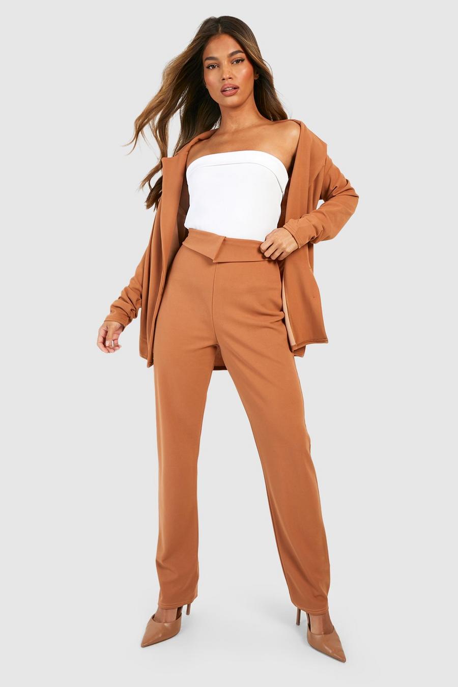 Camel Crepe Fold Over Waist Slim Fit Trousers
