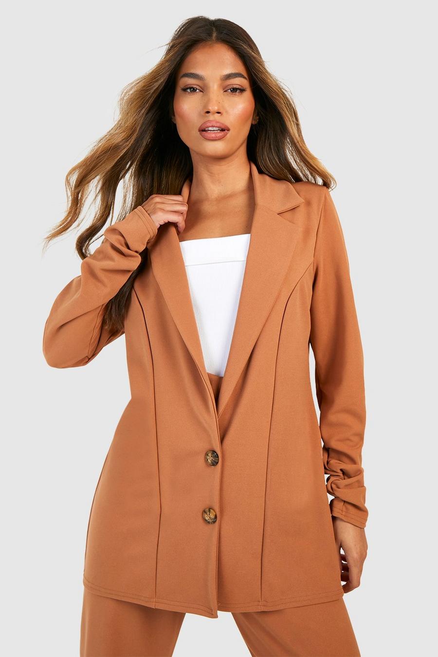 Camel Crepe Ruched Sleeve Single Breasted Blazer