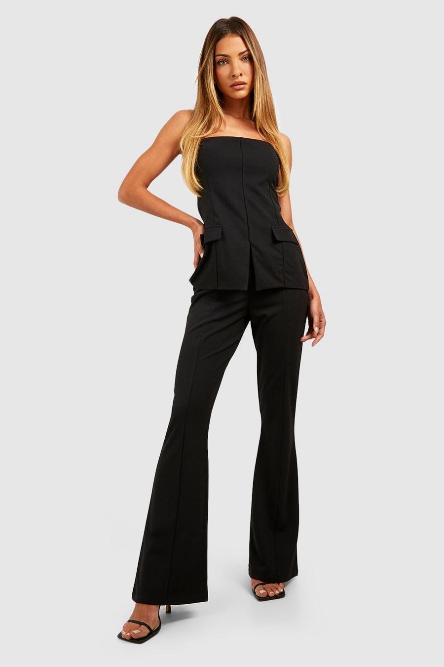 Black Crepe Seam Front Fit & Flare Trousers