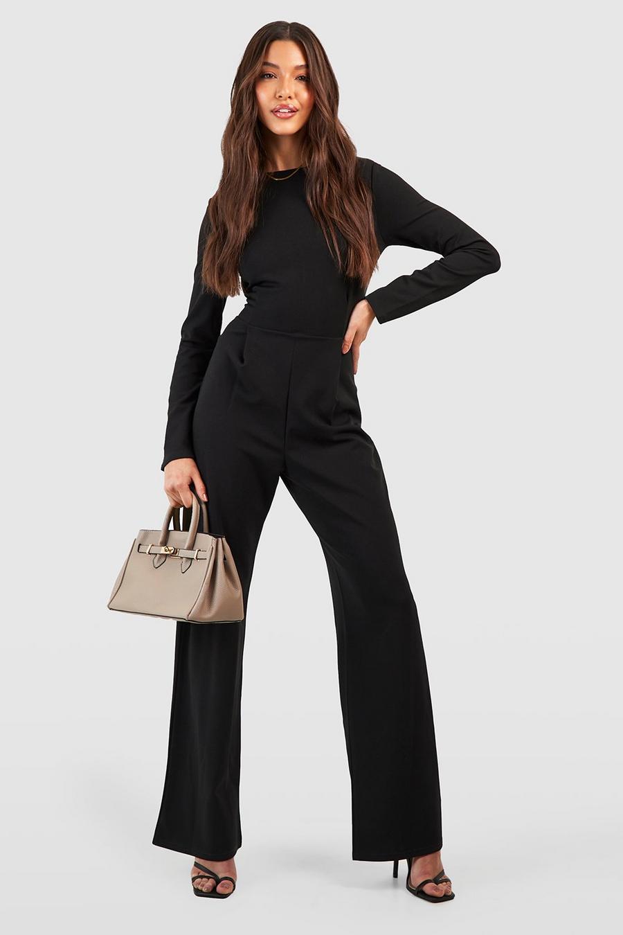 Black Tailored High Neck Shaped Waist Wide Leg Jumpsuit