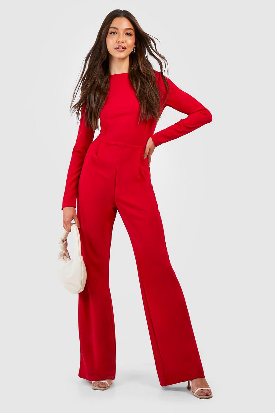 Red Tailored High Neck Cinched Waist Wide Leg Jumpsuit