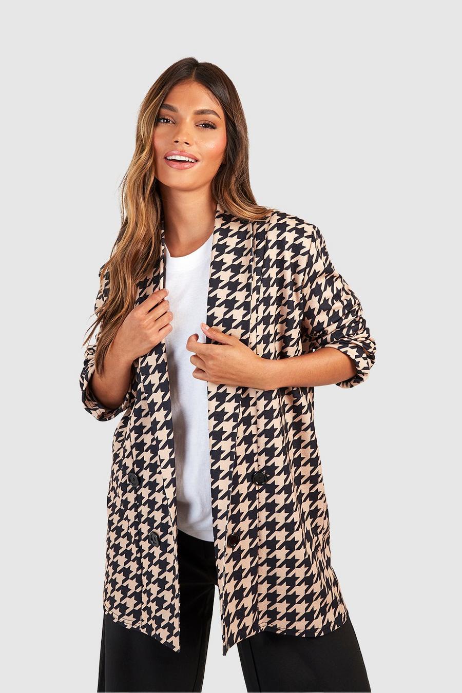 Camel Basic Jersey Crepe Tonal Dogtooth Relaxed Fit Blazer